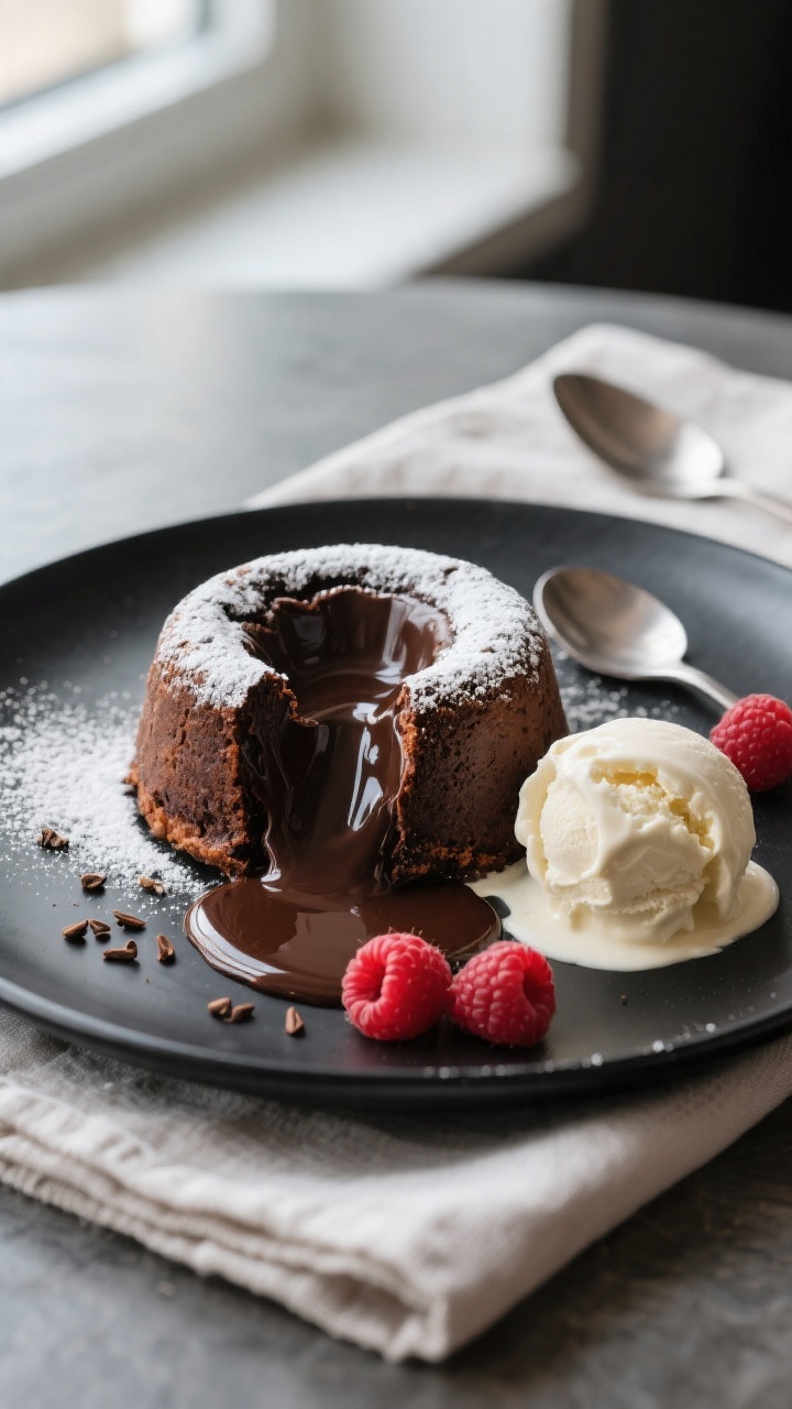 Final dish presentation: Unmolded air fryer lava cake inverted onto a matte black dessert plate, cut