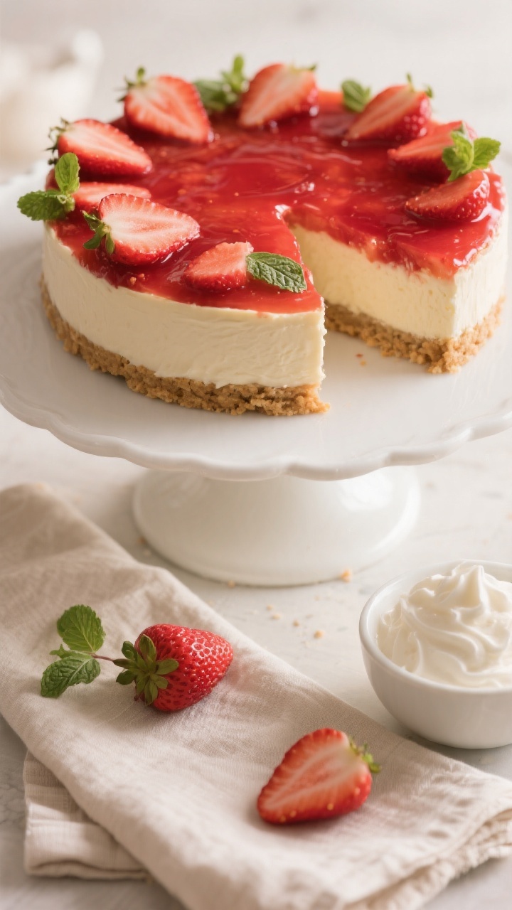 Final dish, tasty top view: Overhead shot of a fully set no-bake strawberry cheesecake on a white ca