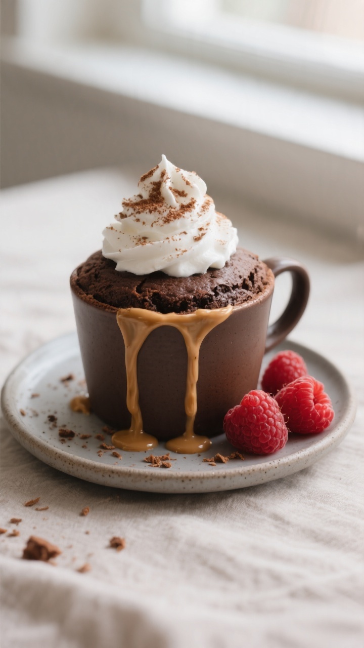 Final plated beauty shot: The baked keto chocolate mug cake served still in the mug on a small matte