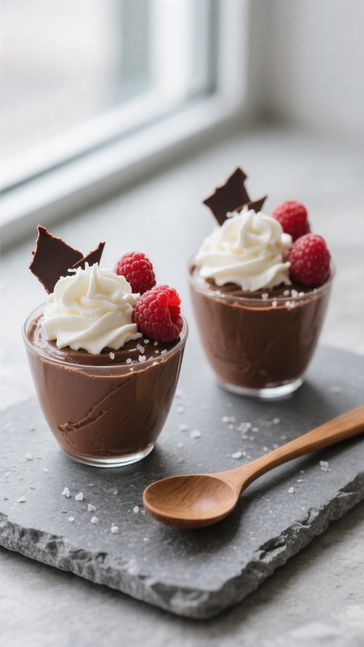 Final plated dessert: two petite stemless dessert glasses filled with chilled keto chocolate avocado