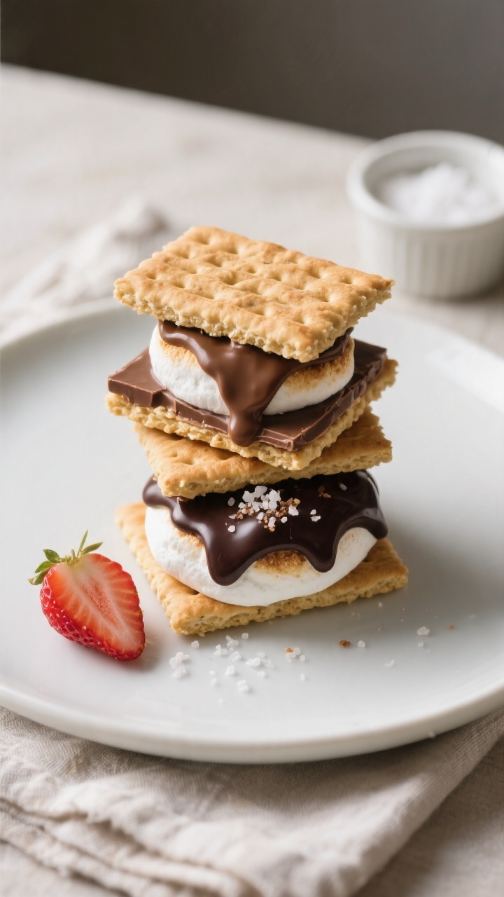 Final plated hero: Beautifully stacked air fryer s’mores on a matte white plate—two classic milk