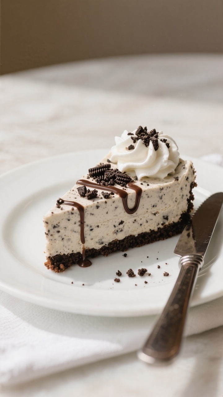 Final plated presentation: a perfectly chilled slice of No Bake Oreo Cheesecake with sharp, clean ed