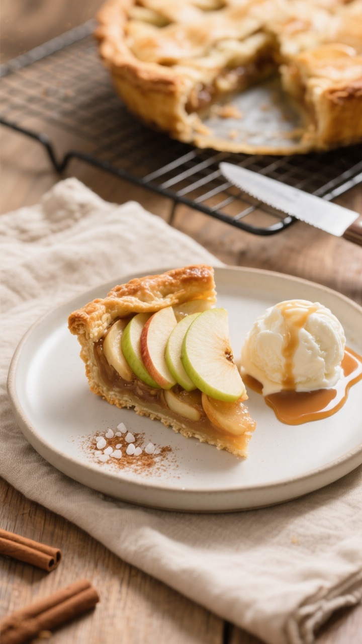 Final plated presentation: A warm slice of air fryer apple pie on a matte off-white plate, clean wed