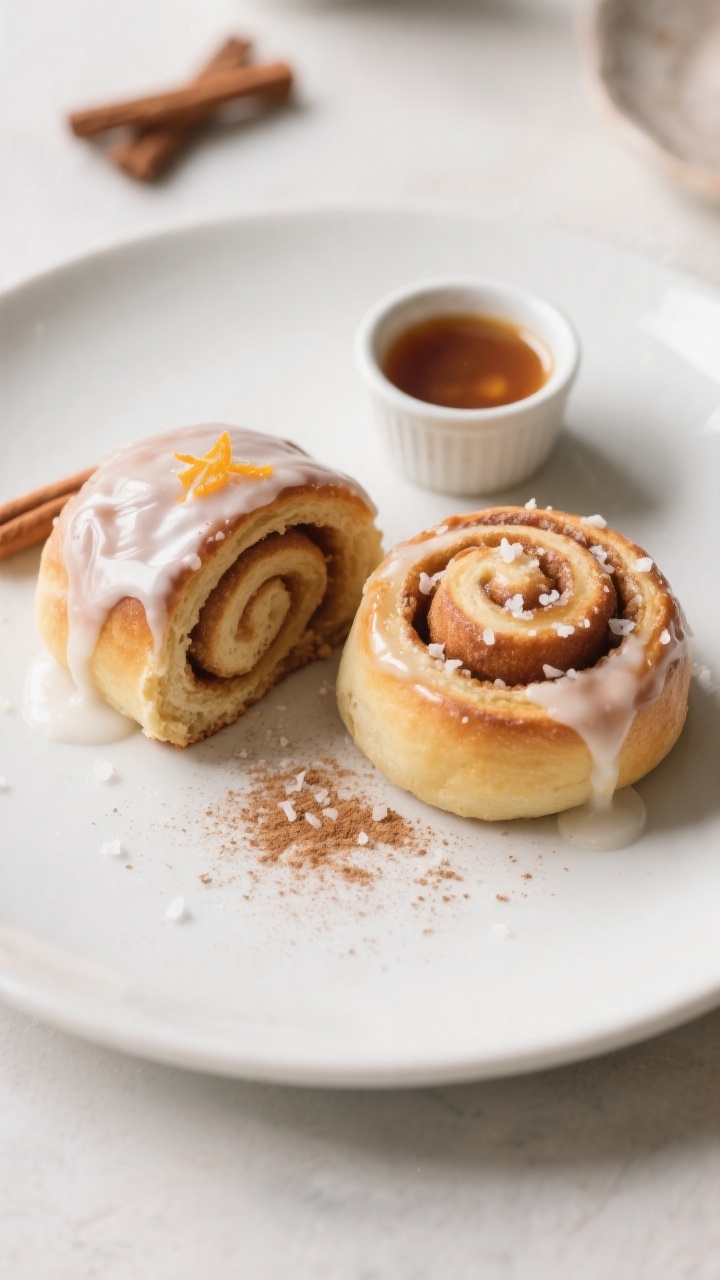 Final plated presentation: Bakery-worthy plate-up of two iced cinnamon rolls on a matte white plate,
