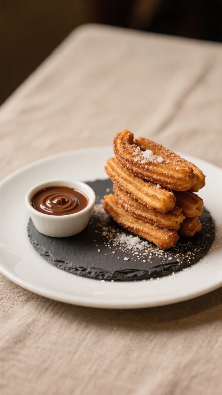 Final plated presentation of air fryer churros arranged in a neat stack on a slate or matte white pl