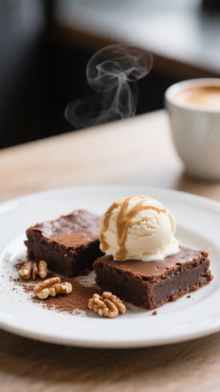 Final plated presentation of two keto brownie squares on a simple white plate with a scoop of sugar-