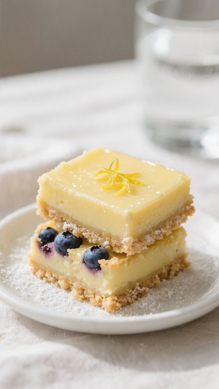 Final plated presentation: Two Keto Lemon Bar squares stacked slightly offset on a small white desse