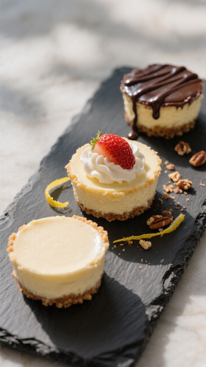 Final plated restaurant-quality presentation: three Keto Cheesecake Bites without liners on a dark s