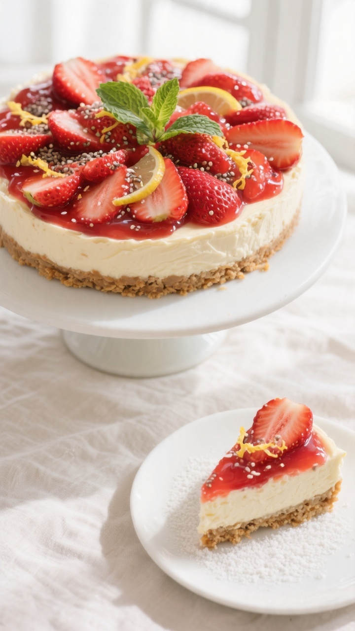 Final plated, tasty top view: Overhead shot of the finished Keto Strawberry Cheesecake topped with a