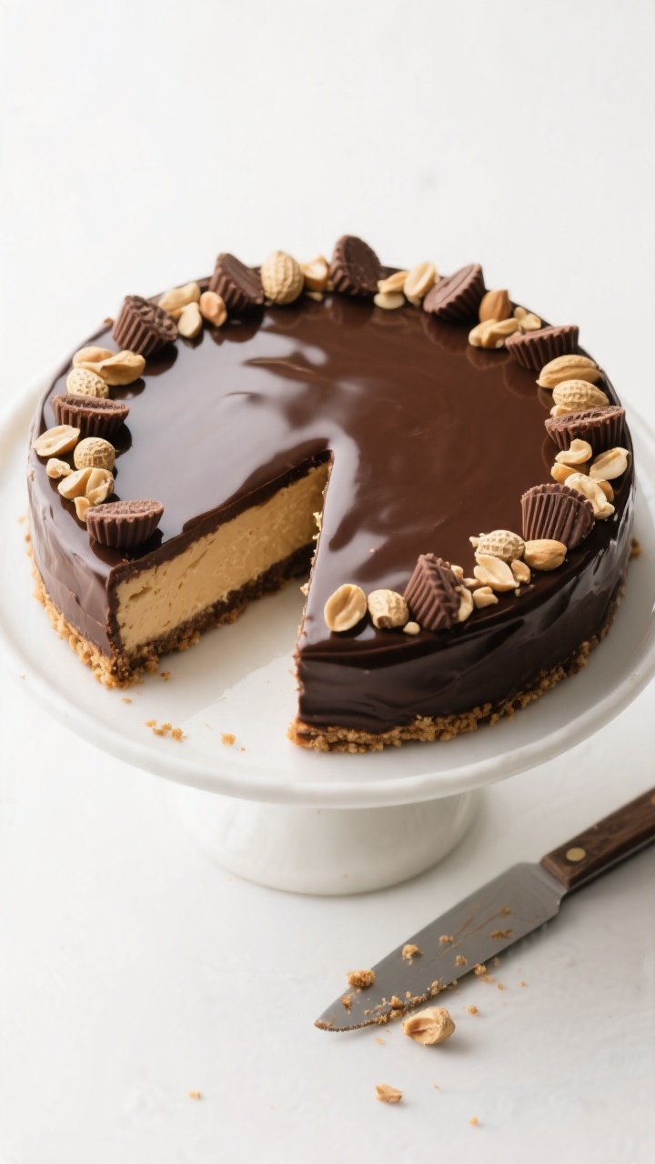Final presentation top view: Tasty overhead of the fully set cheesecake on a cake stand, coated in a
