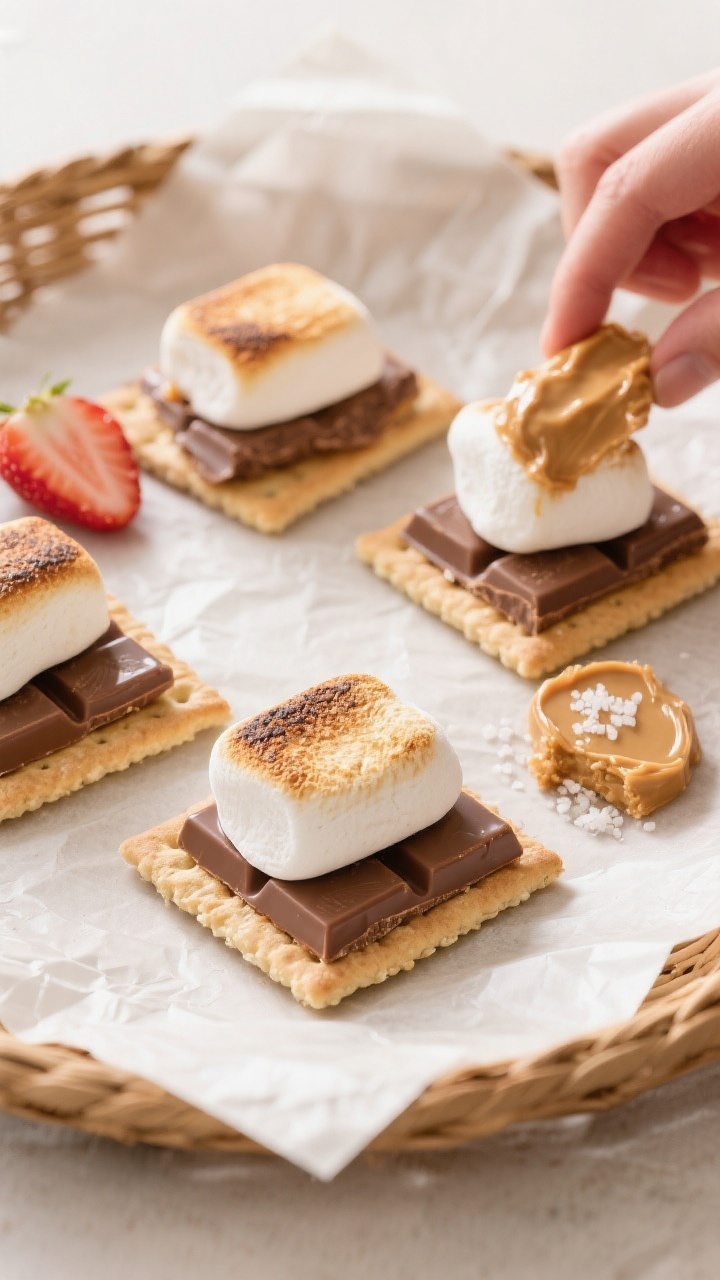 Overhead “assembly moment”: Top-down shot of freshly toasted marshmallow bases on graham cracker