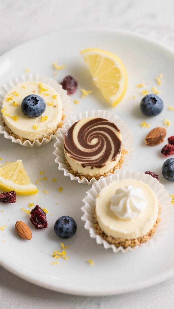 Overhead shot of an assorted platter of chilled Keto Cheesecake Bites on a matte white round plate: