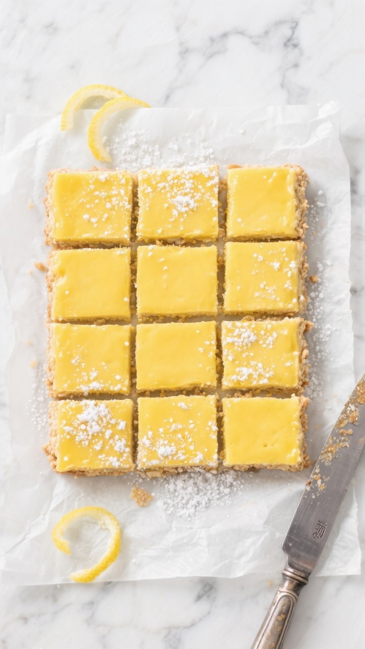 Overhead tasty top view: Chilled Keto Lemon Bars sliced into neat 16 squares on a parchment sheet, d