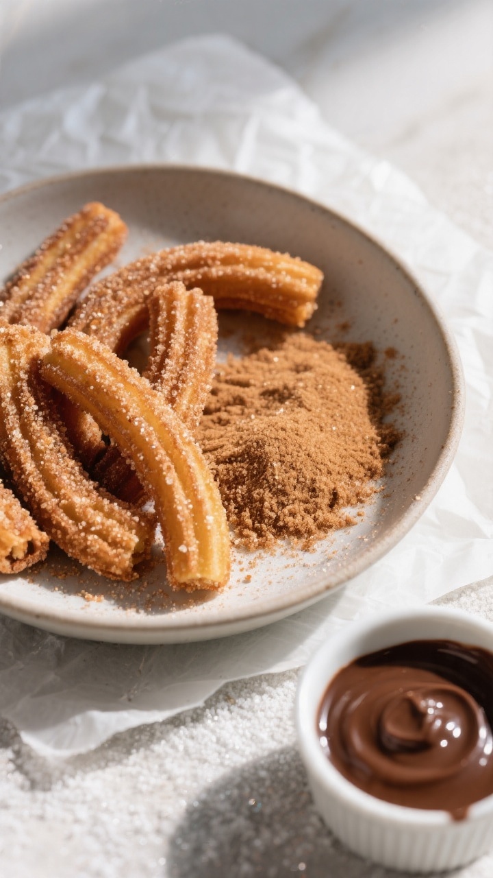 Overhead “tasty top view” of a shallow bowl filled with warm cinnamon sugar (1/2 cup sugar, 1–