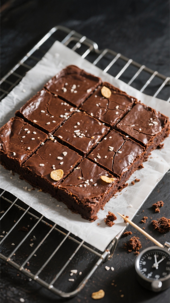 Overhead “tasty top view” of an 8x8 slab of baked keto brownies cooling on a wire rack, still on