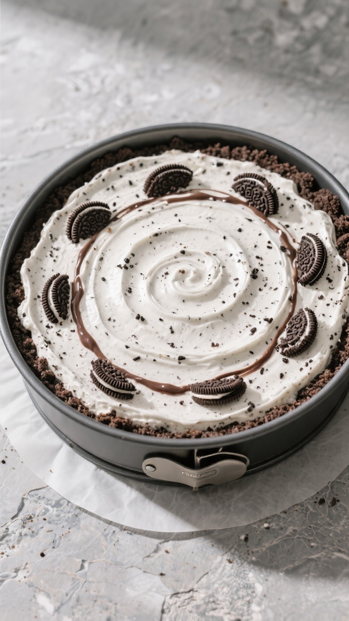 Overhead “tasty top view” of the assembled cheesecake in a 9-inch springform pan just after smoo