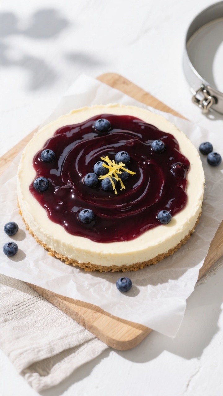 Overhead “tasty top view” of the whole no bake blueberry cheesecake on a parchment-lined base: s