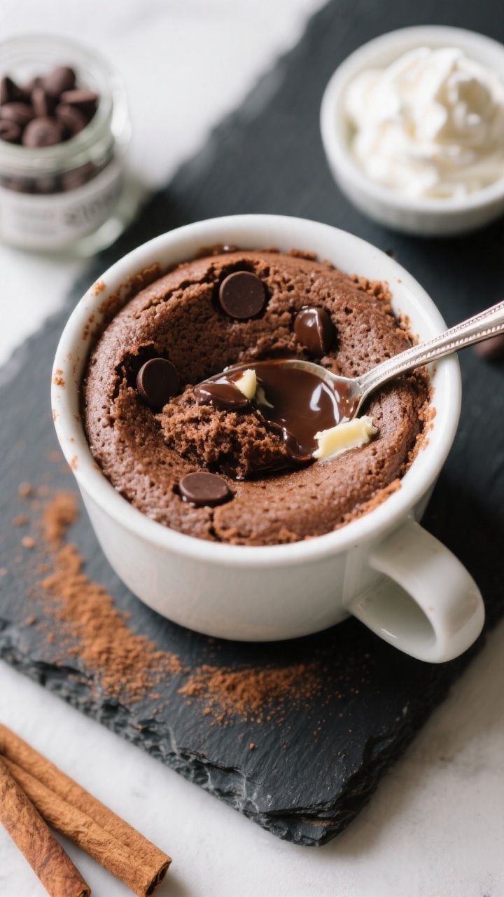 Tasty : Overhead shot of the keto chocolate mug cake just after resting, spoon breaking into the cen