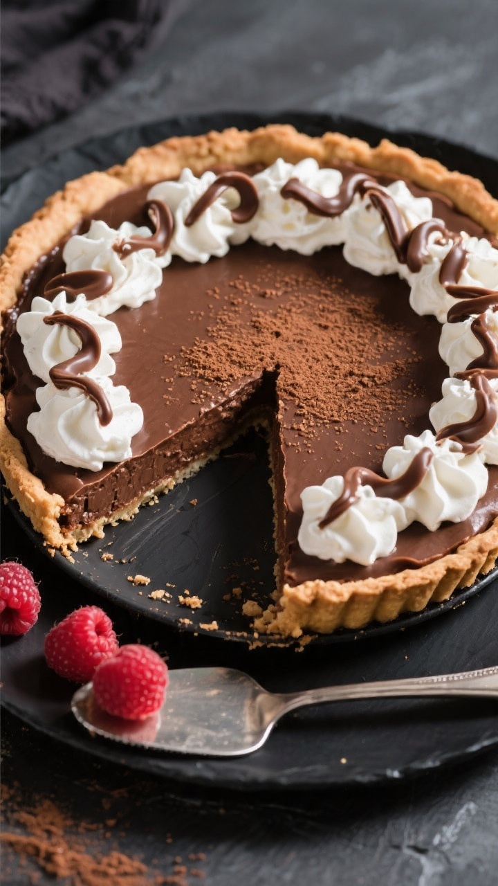 Tasty top view final presentation: Overhead shot of the fully set no-bake chocolate pie in its crust