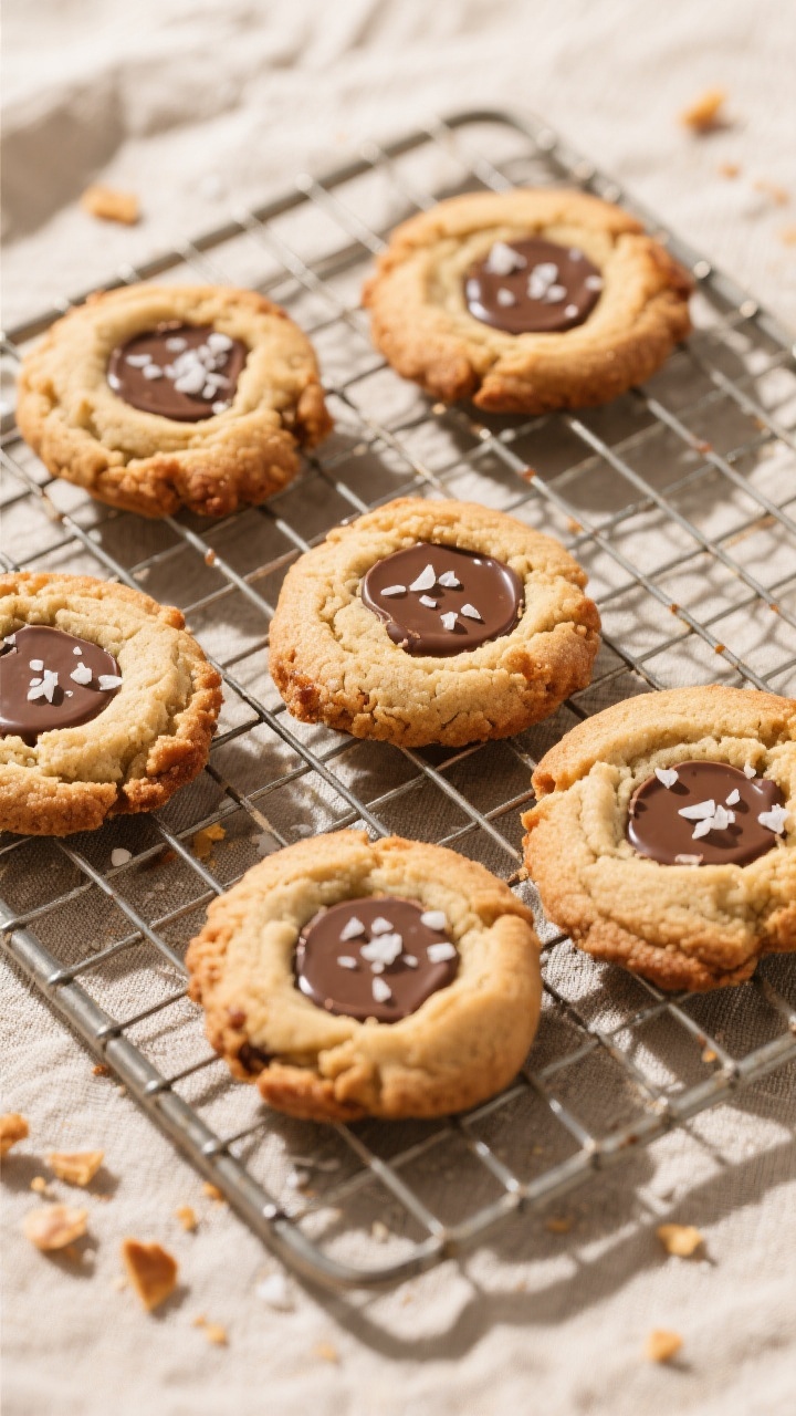 Tasty top view: Overhead shot of 5–6 freshly baked cookies cooling on a wire rack, evenly spaced,