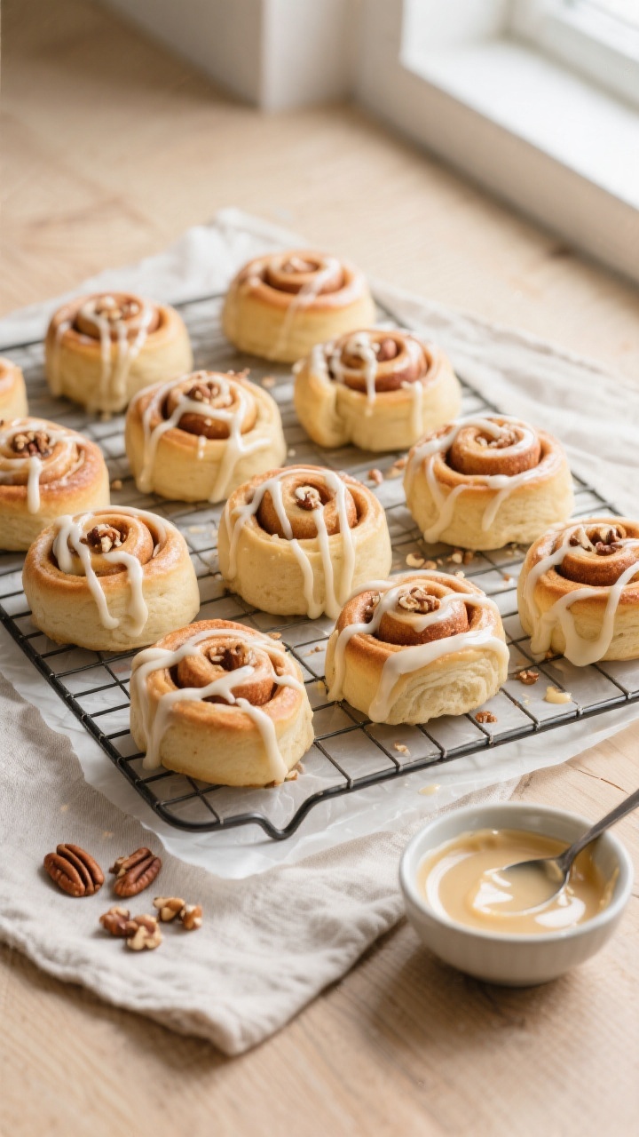 Tasty top view: Overhead shot of 8–10 neatly spiraled cinnamon rolls arranged on a parchment-lined