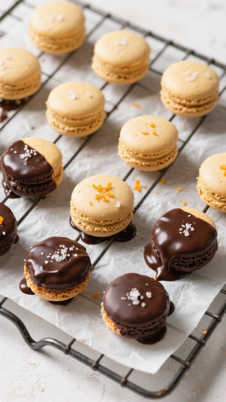 Tasty top view: Overhead shot of a cooling rack filled with uniformly shaped macaroons, some dipped