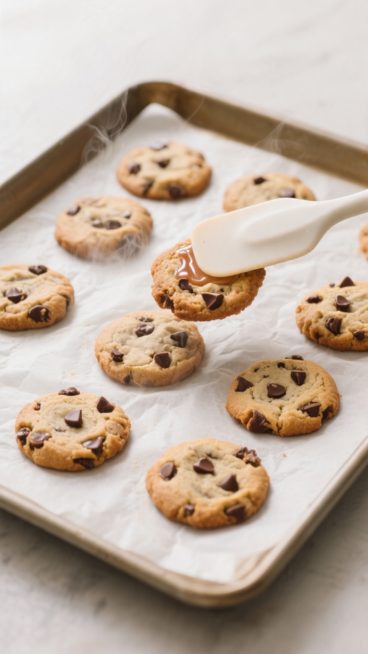 Tasty top view: Overhead shot of a parchment-lined baking sheet fresh from the oven with evenly spac