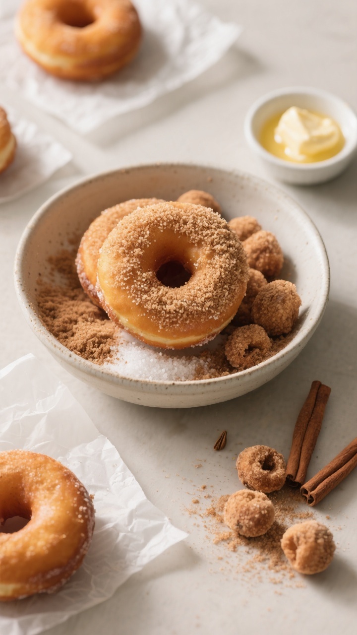 Tasty top view: Overhead shot of a shallow bowl filled with warm donuts being finished in cinnamon-s