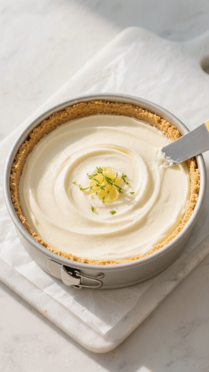 Tasty top view: Overhead shot of the cheesecake just set in the springform pan, ultra-smooth surface