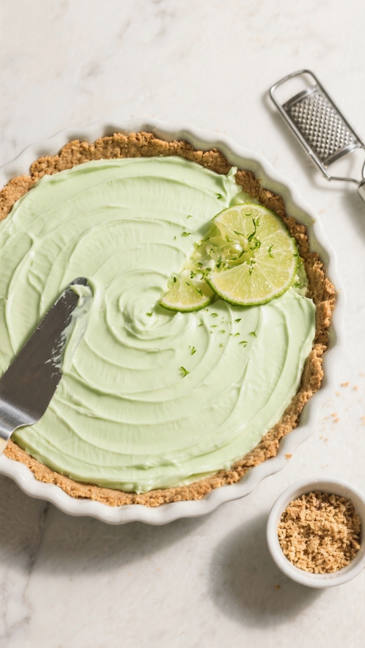 Tasty top view: Overhead shot of the no-bake key lime pie just filled and smoothed in a 9-inch pie d