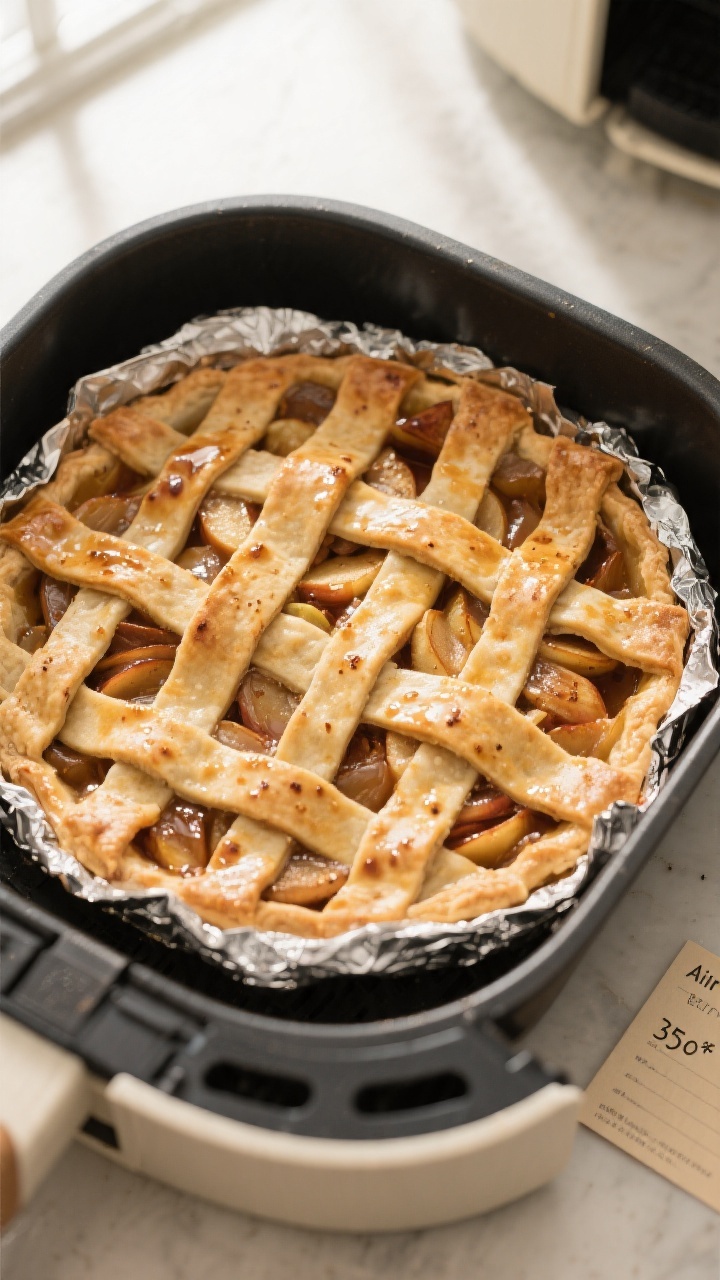 Tasty top view: Overhead shot of the pie mid-process in the air fryer-safe pan—top crust latticed