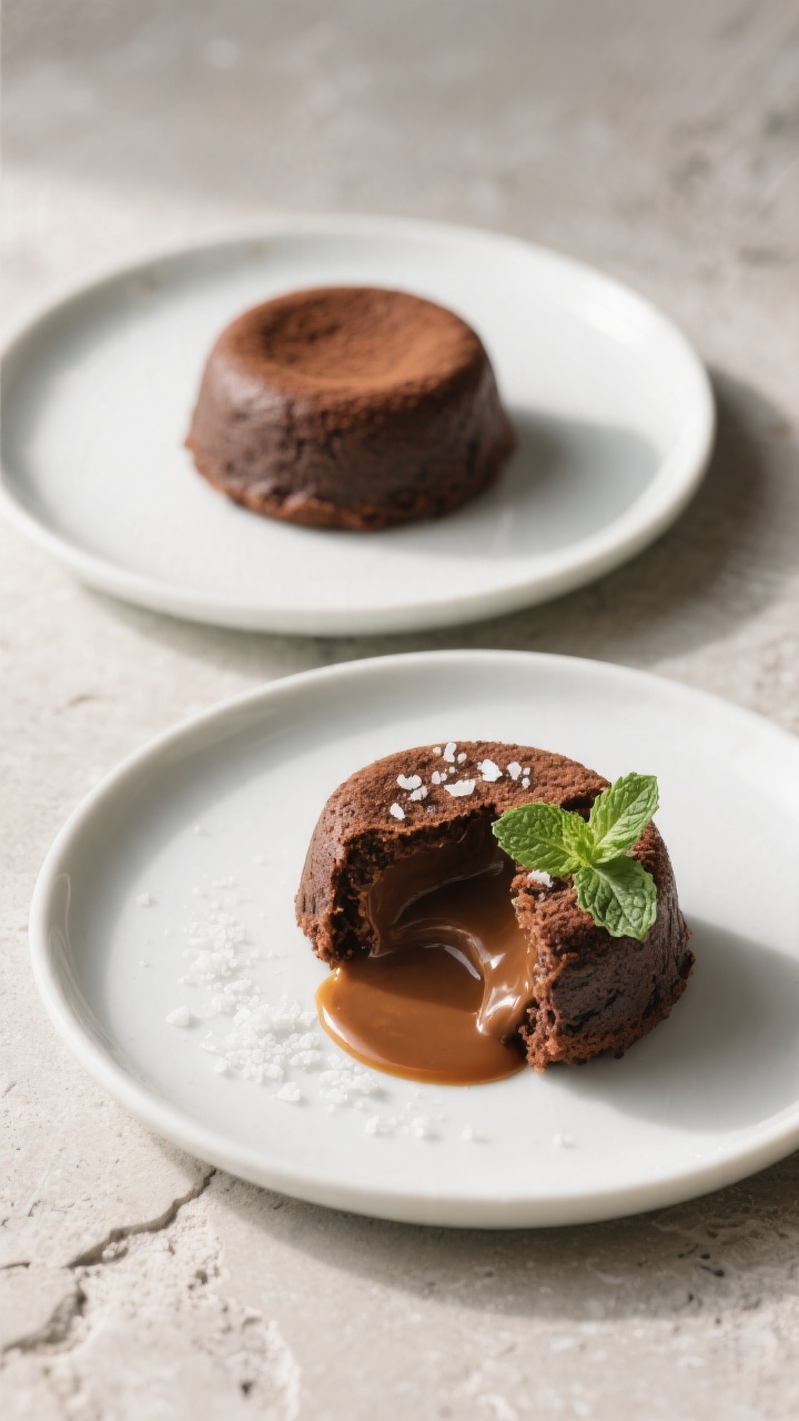Tasty top view: Overhead shot of two individually plated lava cakes on neutral stone surface, one in