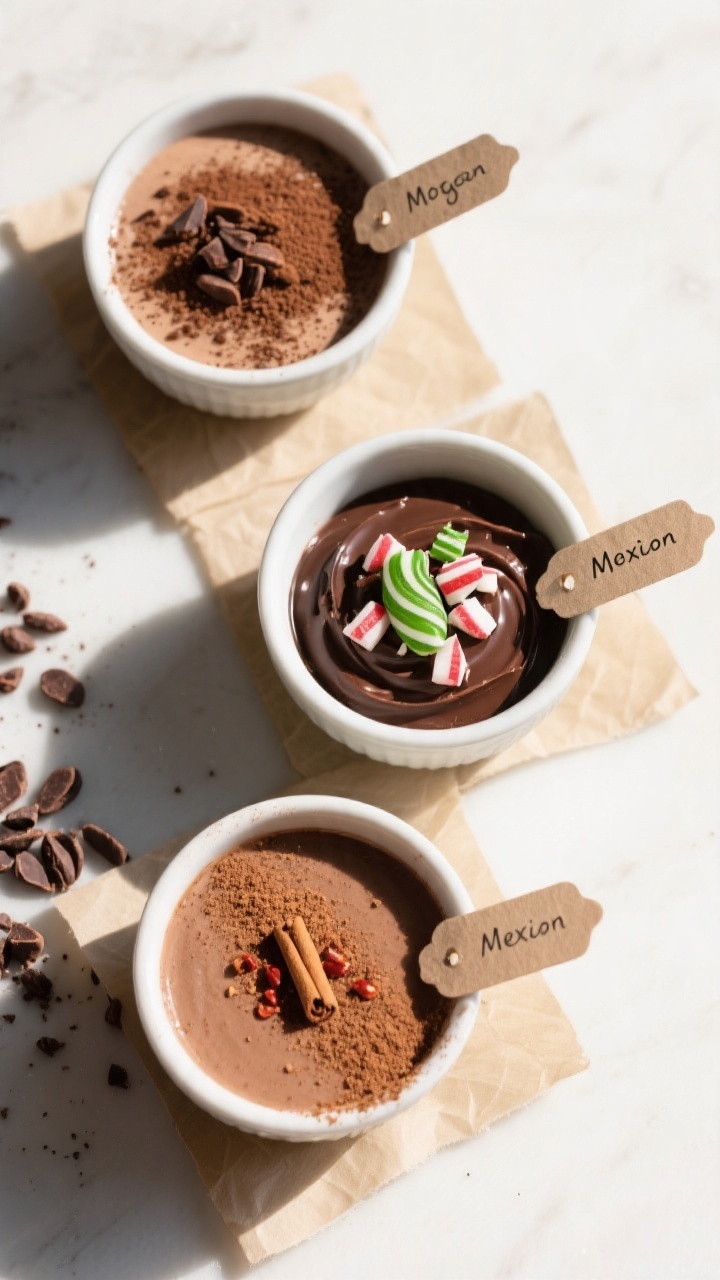 Tasty top-view shot of trio of mousse variations served in small bowls: mocha (dusting of espresso p