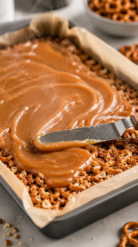A glossy layer of hot, thick caramel being spread