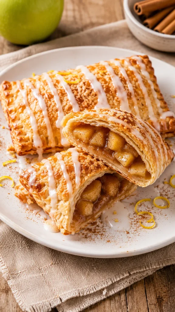 Beautifully plated apple turnovers on a matte white plate
