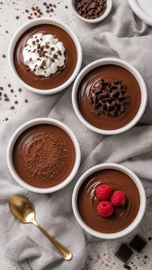 Four chilled keto chocolate puddings