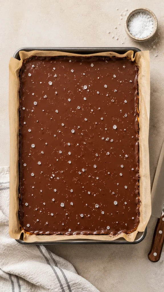 No Bake Caramel Pretzel Bars sprinled with sea salt