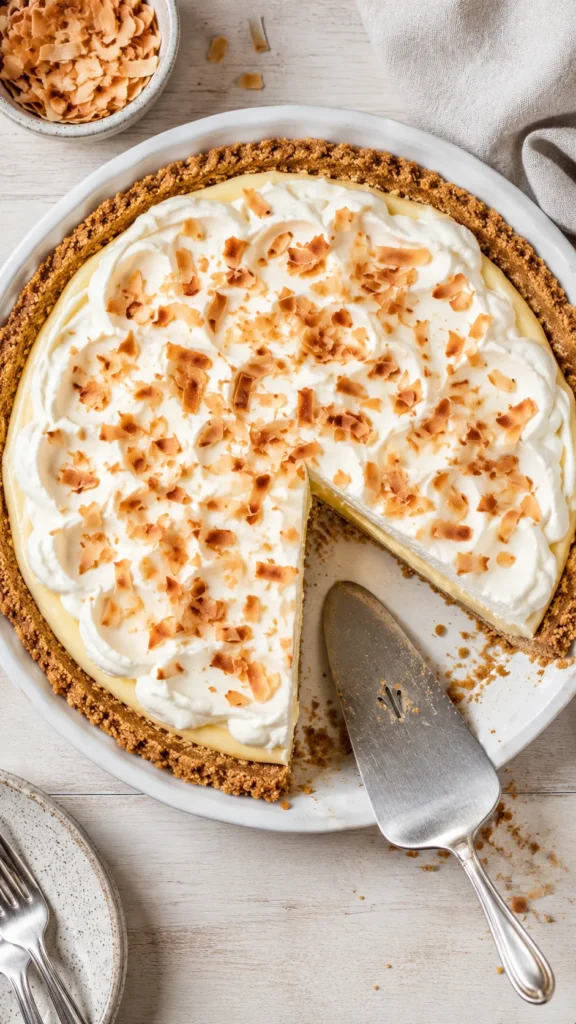 No-Bake Coconut Cream Pie topped with soft-peaked whipped cream