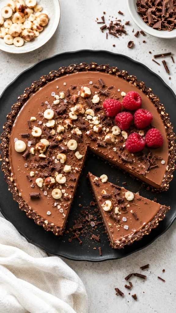 No Bake Nutella Tart on a matte black plate
