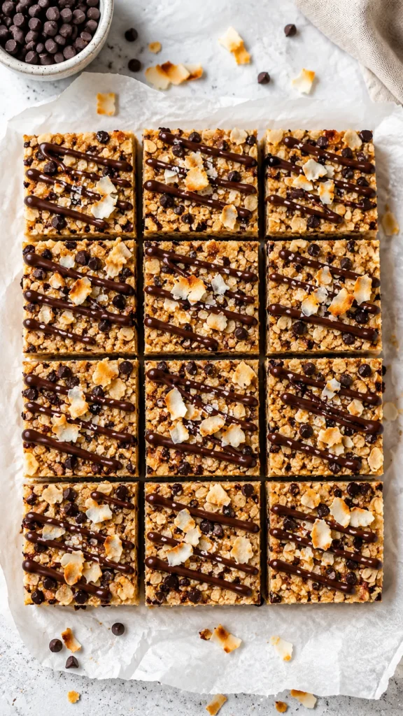 Overhead shot of 12 neatly cut Coconut Protein Bars