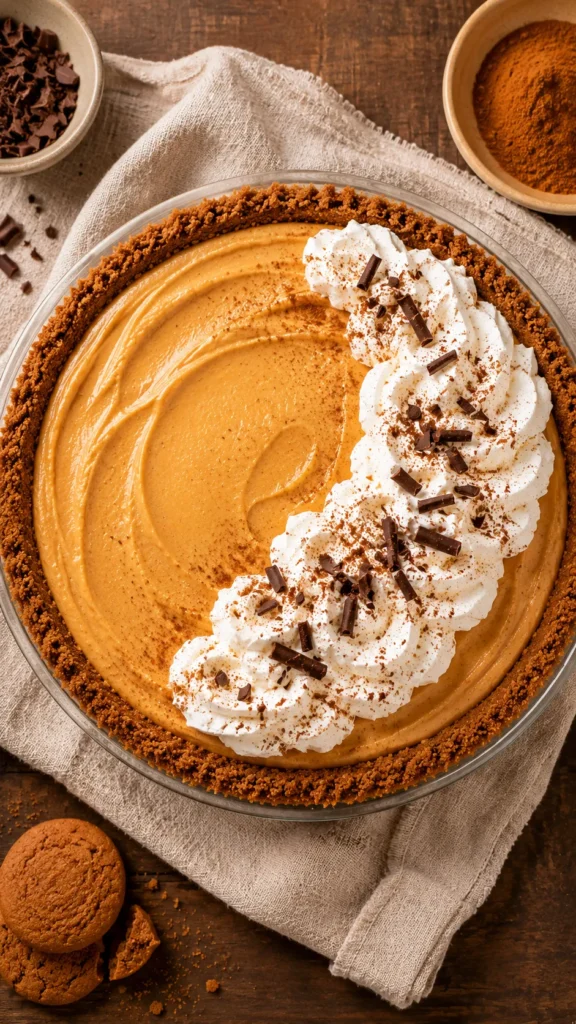 Overhead shot of a 9-inch no-bake pumpkin pie