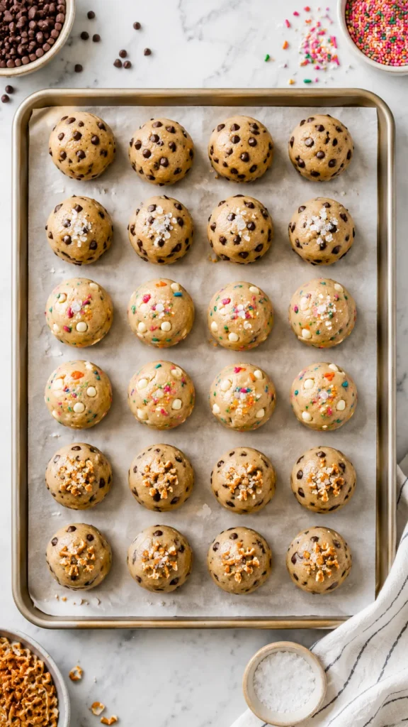 Overhead shot of a neat grid of cookie dough bites