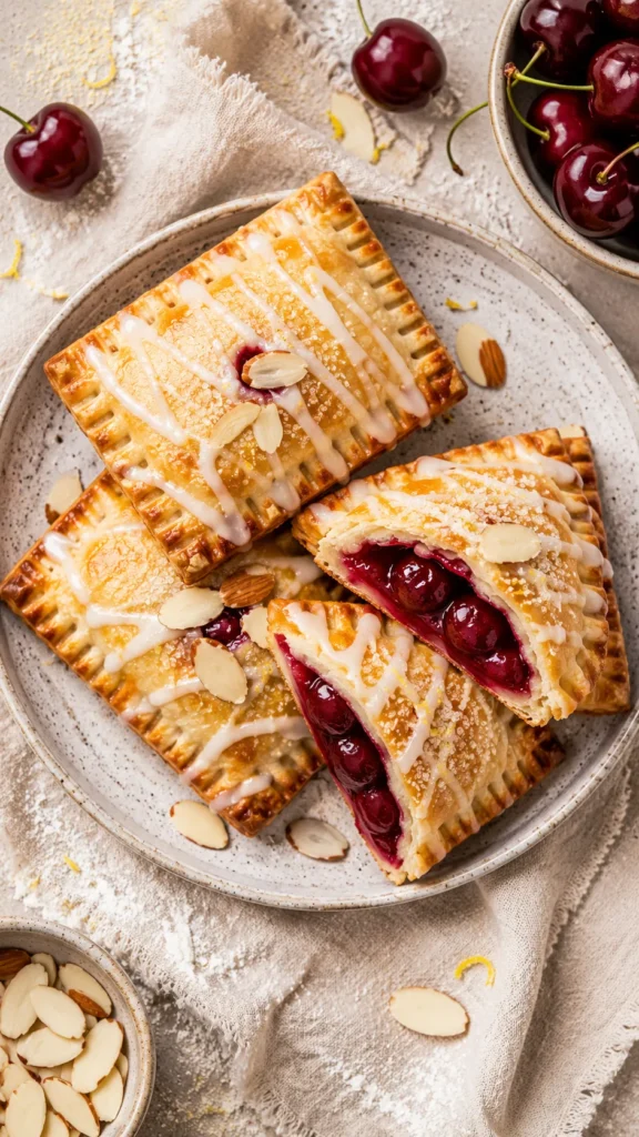 Overhead shot of a small plate trio of cherry hand pies
