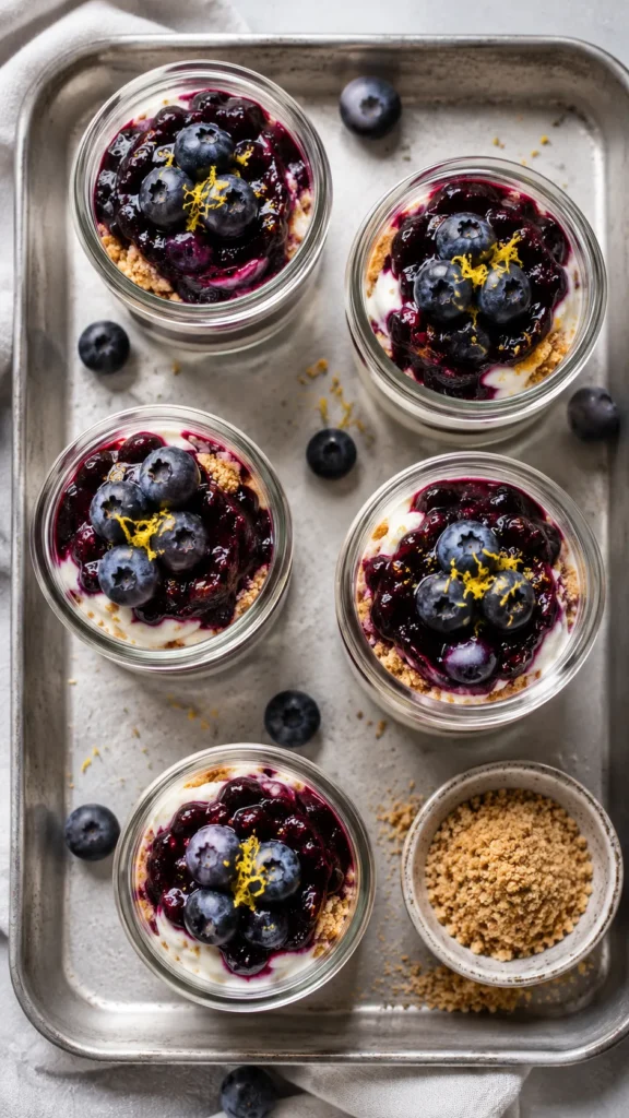 Overhead shot of assembled Blueberry Cheesecake Jars
