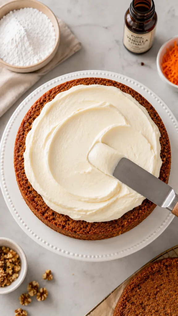 Overhead shot of assembling the keto carrot layer cake