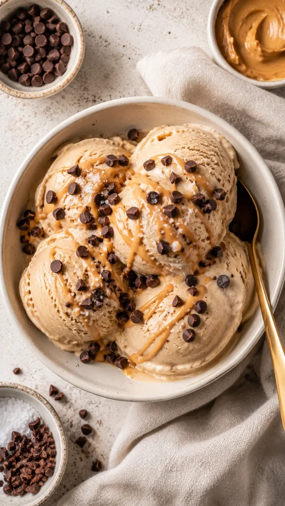 Overhead shot of freshly scooped Protein Banana Ice Cream in a shallow