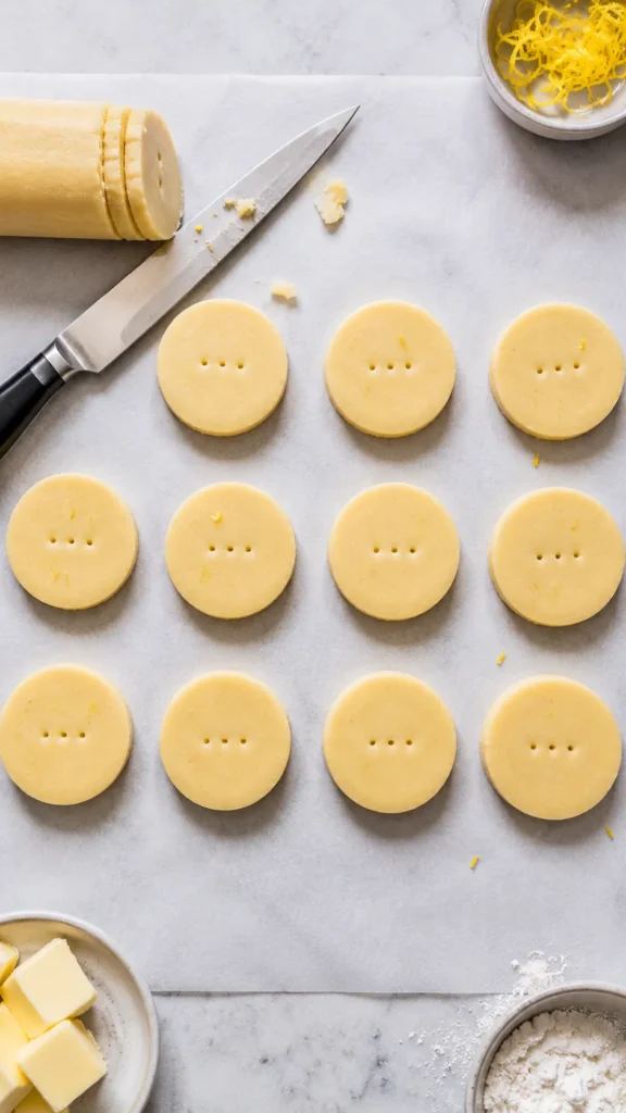 Overhead shot of neatly sliced, chilled shortbread dough