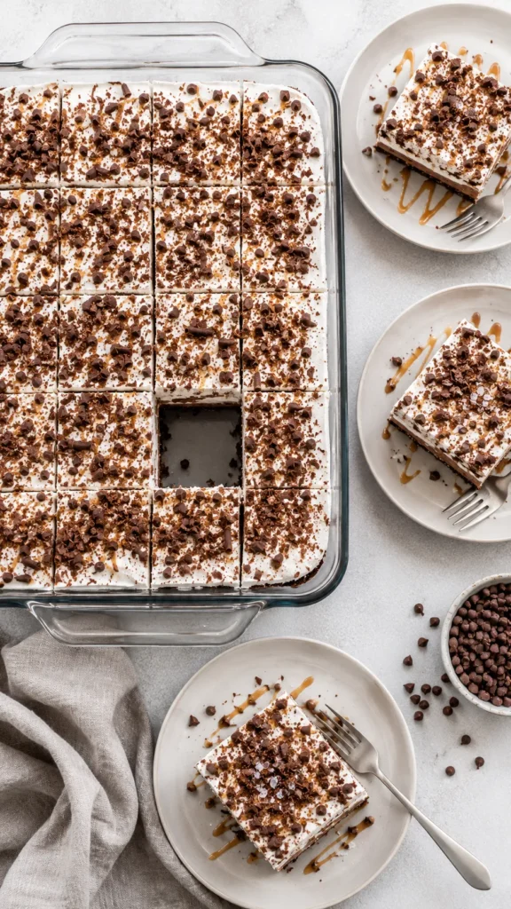 Overhead shot of the full chocolate lasagna in the pan