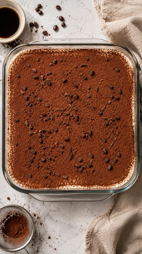 Overhead shot of the fully set protein tiramisu