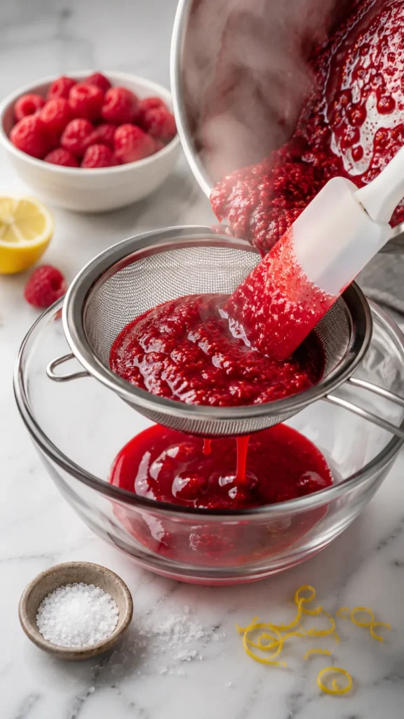 Raspberry filling being strained through a fine-mesh into a glass bowl